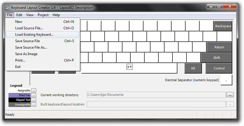Keyboard Layout Creator choosing to load existing keyboard