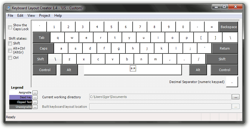 Keyboard Layout Creator: US layout loaded