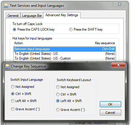 Configuring a shortcut to switch keyboard layouts