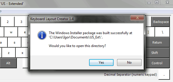 Keyboard Layout Creator: Layout built successfully