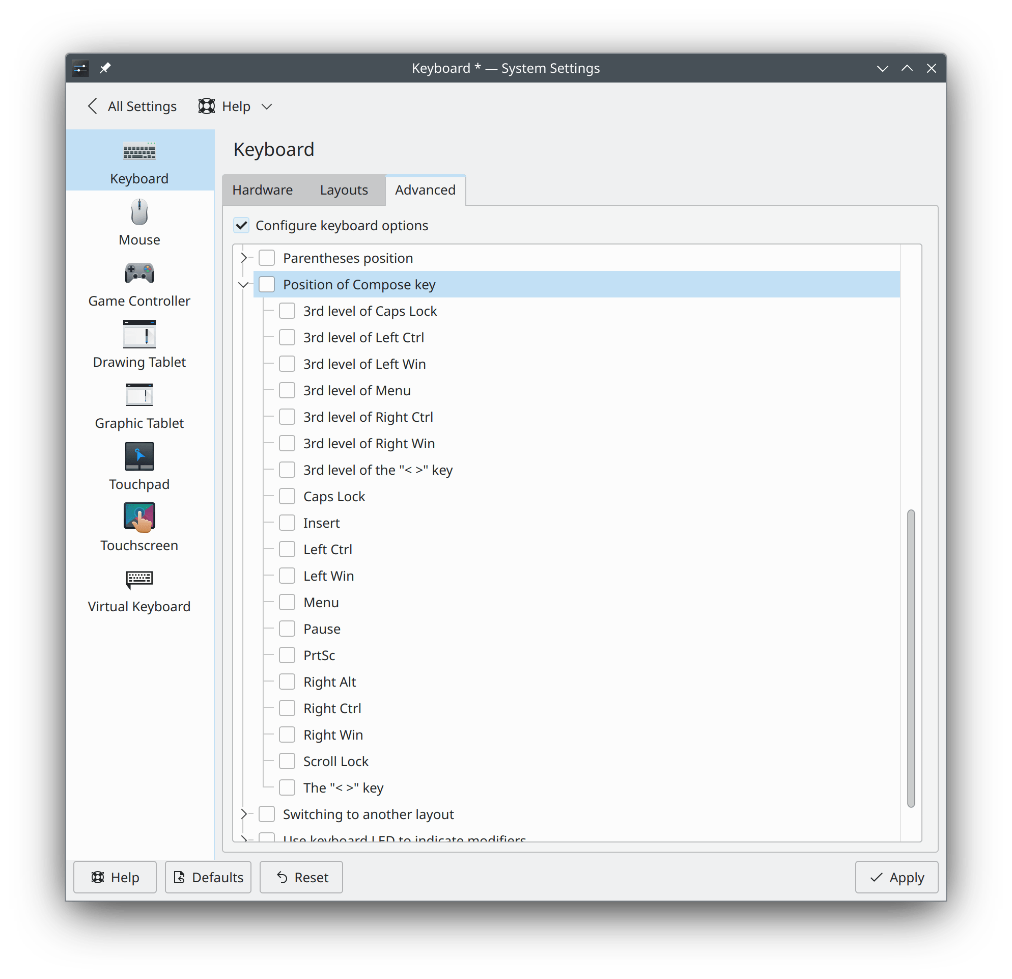 Keyboard layout: Compose and chooser keys on KDE Plasma